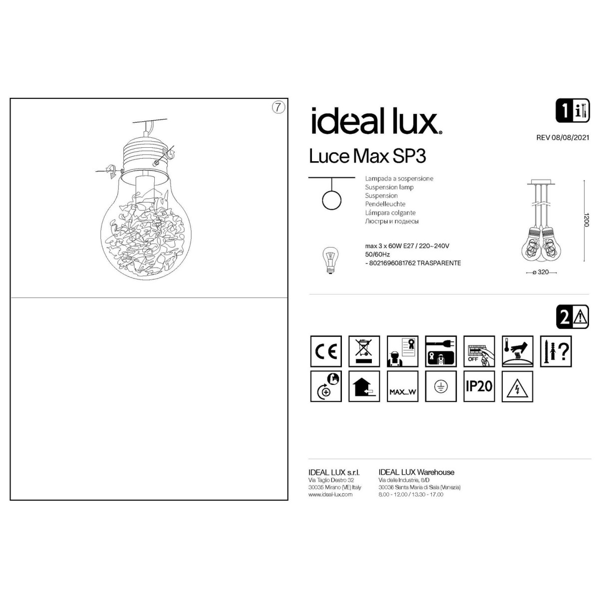 Люстра подвесная Ideal Lux Luce Max SP3 Хром E27 081762