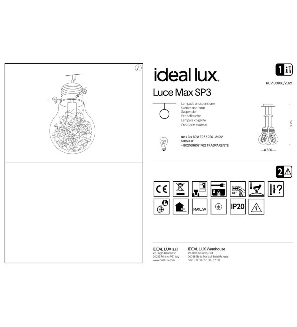 Люстра подвесная Ideal Lux Luce Max SP3 Хром E27 081762