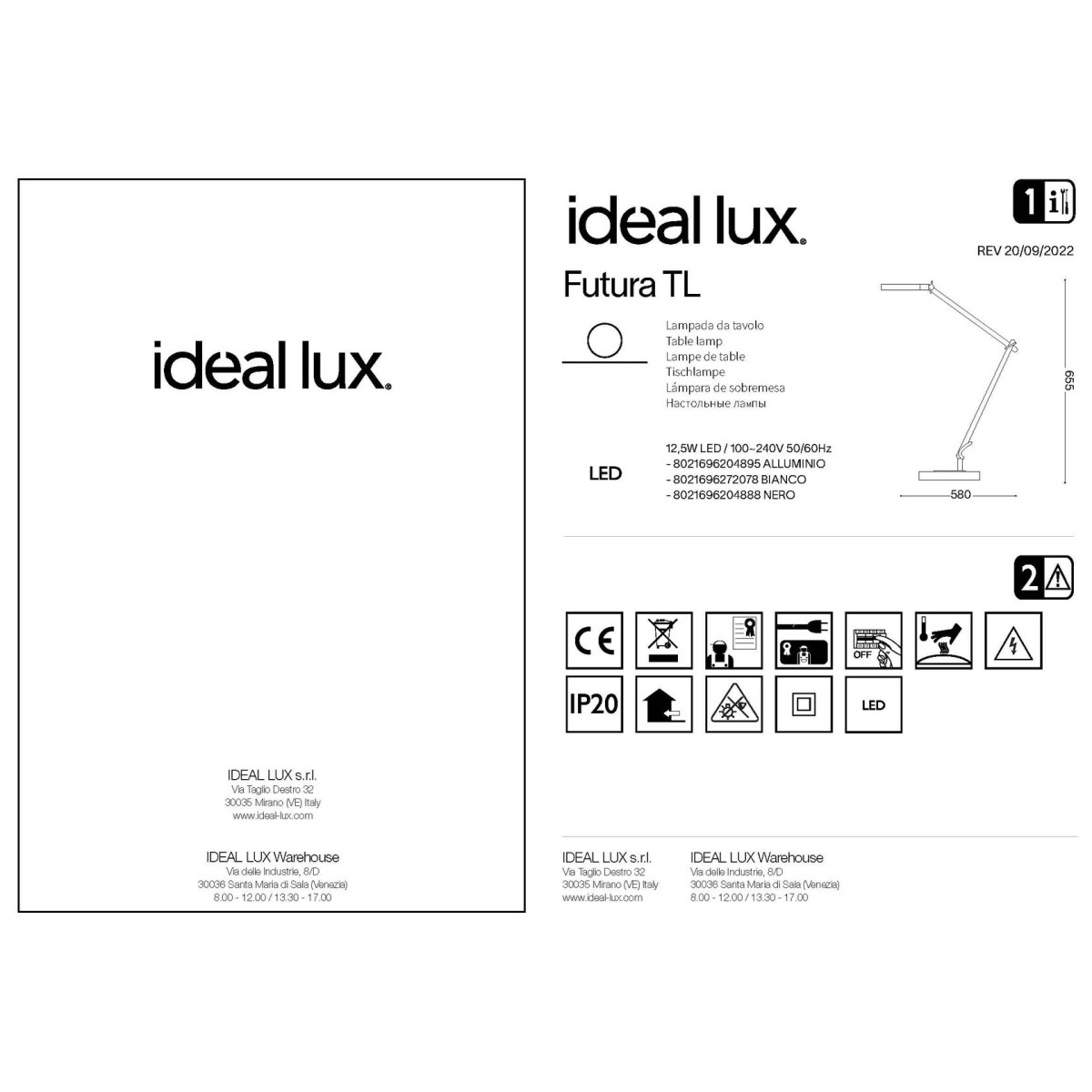 Лампа настольная Ideal Lux Futura TL Белый 4000К 272078