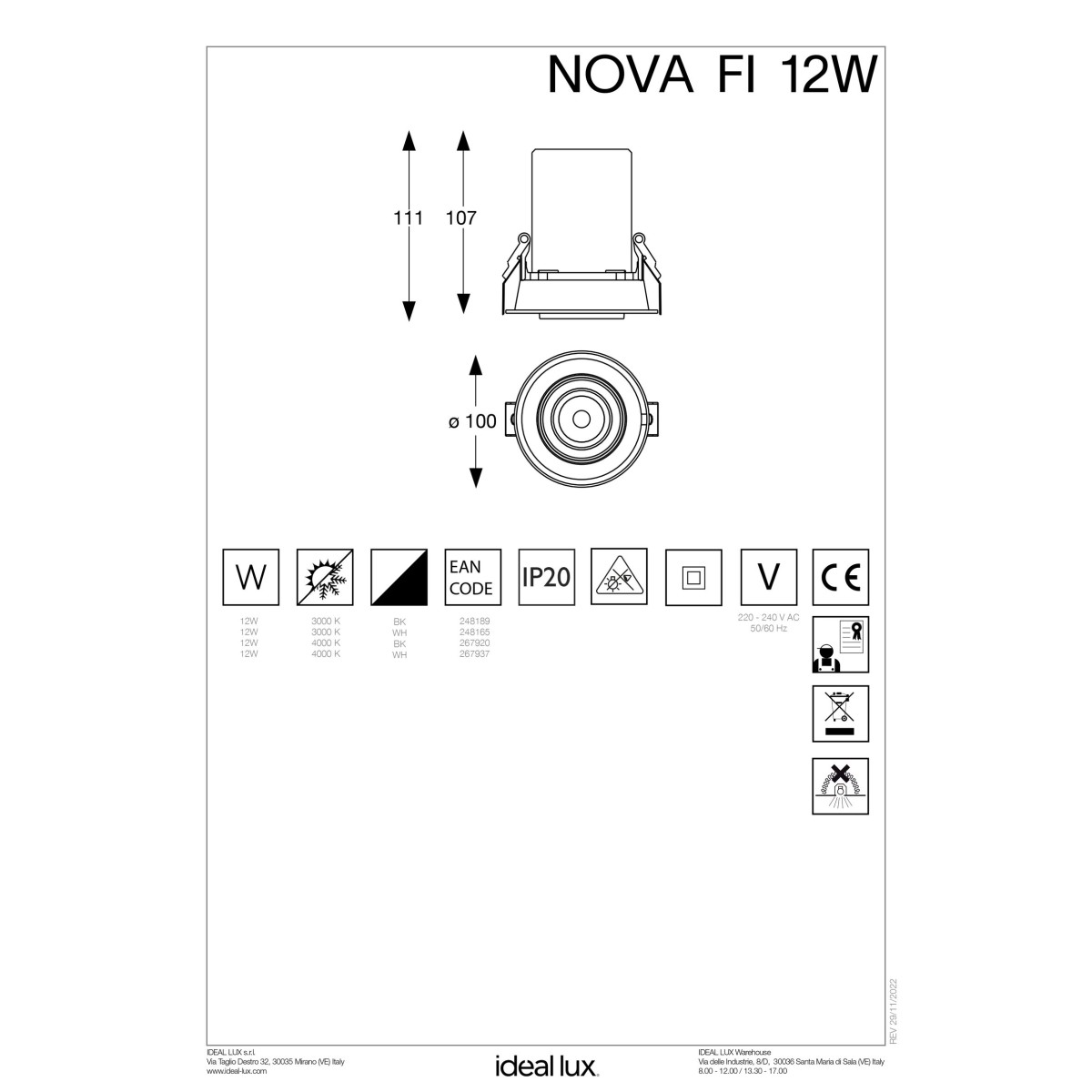 Светильник встраиваемый Ideal Lux Nova FI 12W 3000K LED Черный 248189