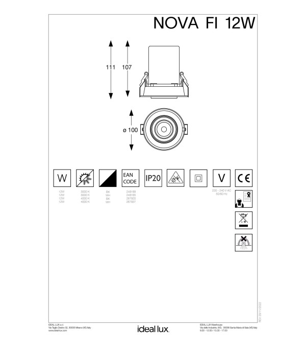 Светильник встраиваемый Ideal Lux Nova FI 12W 3000K LED Черный 248189