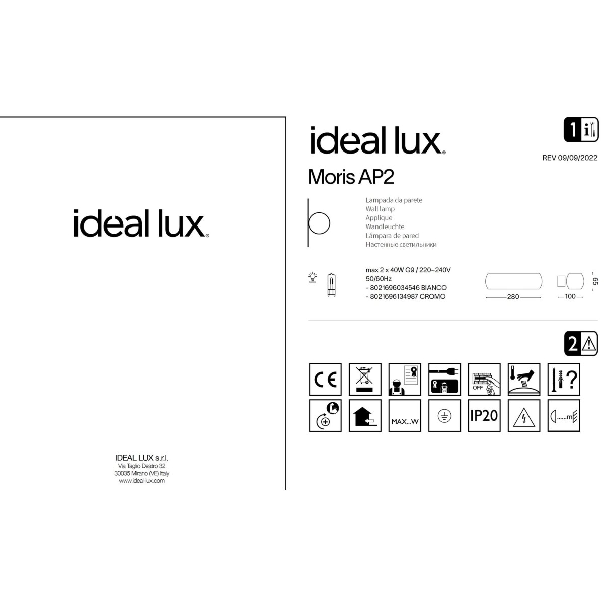 Светильник настенный Ideal Lux Moris AP2 Белый G9 034546