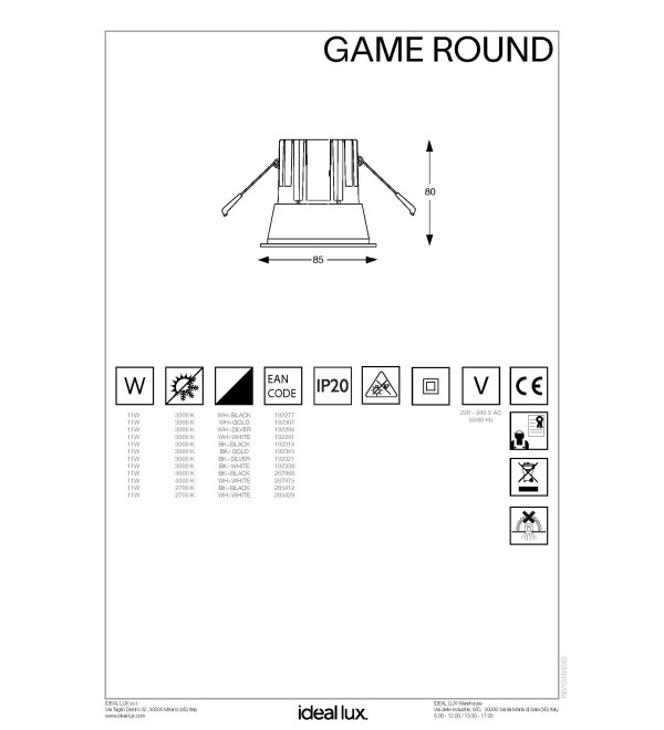 Светильник встраиваемый Ideal Lux Game trim round 11Вт LED Белый 3000К 192291