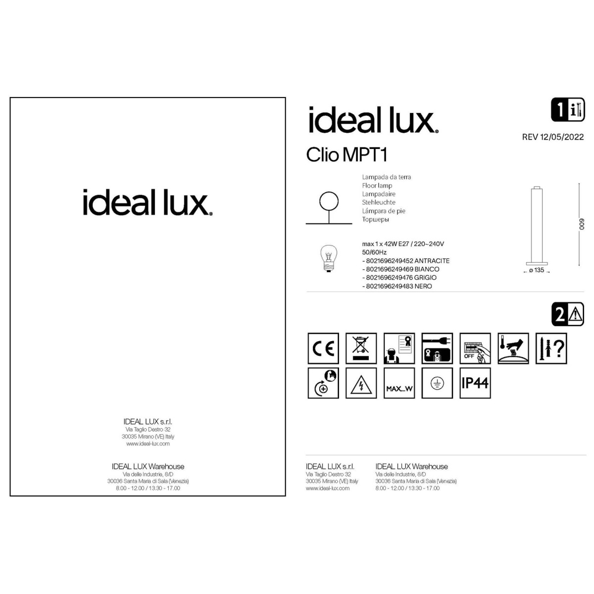 Светильник садово-парковый Ideal Lux Clio MPT1 H60 Серый E27 249476