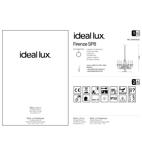 Люстра подвесная Ideal Lux Firenze SP8 Белый E14 012872