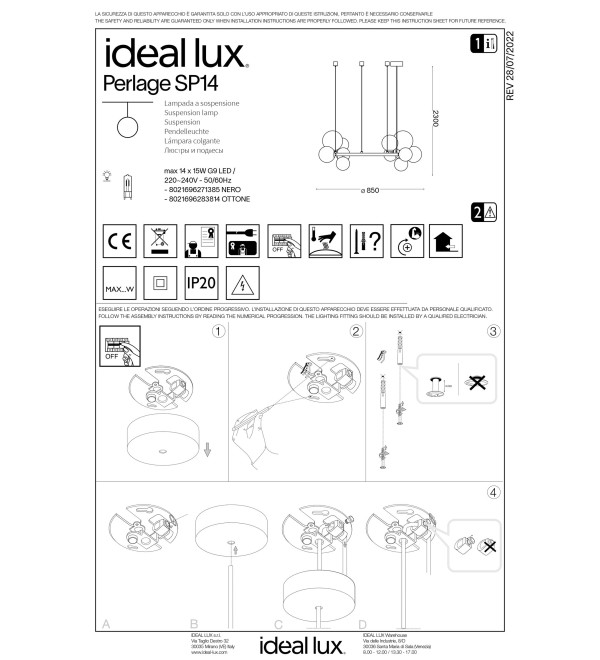 Люстра подвесная Ideal Lux Perlage SP14 Серый G9 271385