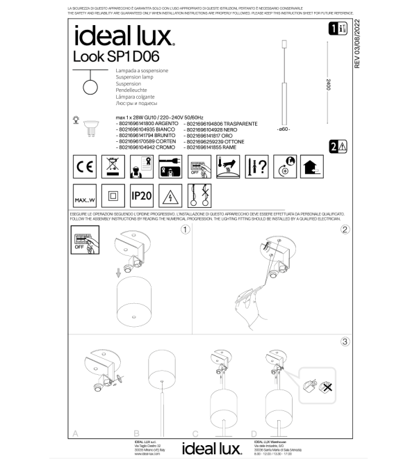 Светильник подвесной Ideal Lux Look SP1 Round D60 H400 Медь GU10 141855