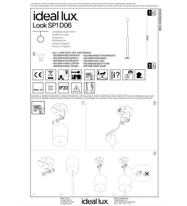 Светильник подвесной Ideal Lux Look SP1 Round D60 H400 Медь GU10 141855
