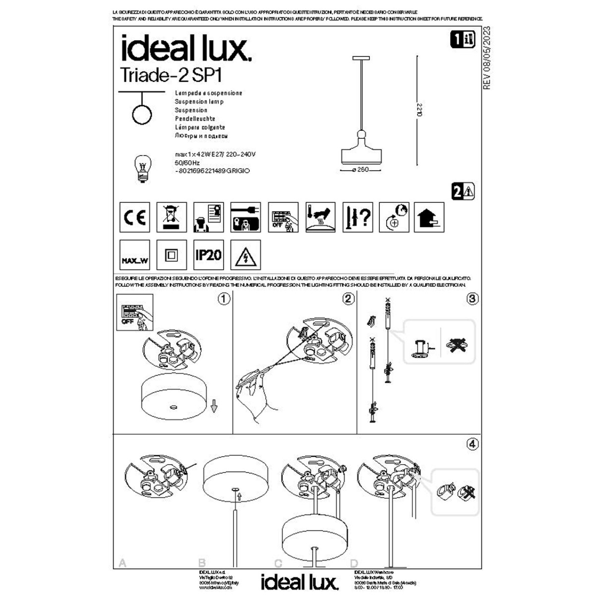 Светильник подвесной Ideal Lux Triade-2 SP1 Темно / Серый E27 221489