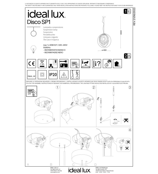 Светильник подвесной Ideal Lux Disco SP1 Черный E27 114262
