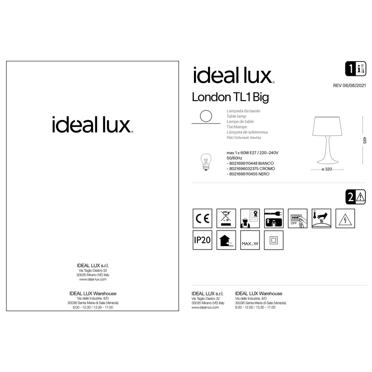 Лампа настольная Ideal Lux London TL1 Big Белый E27 110448