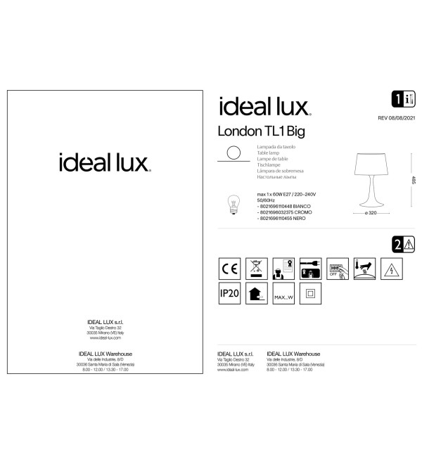 Лампа настольная Ideal Lux London TL1 Big Белый E27 110448