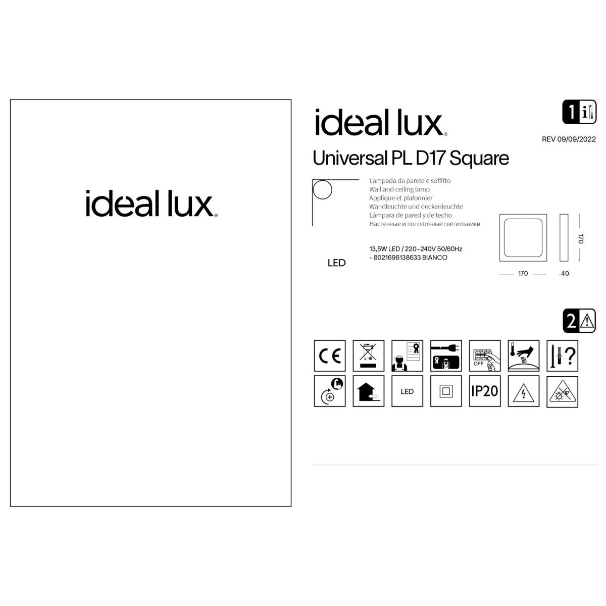 Светильник потолочный Ideal Lux Universal PL D17 Square 3000K Белый LED 138633