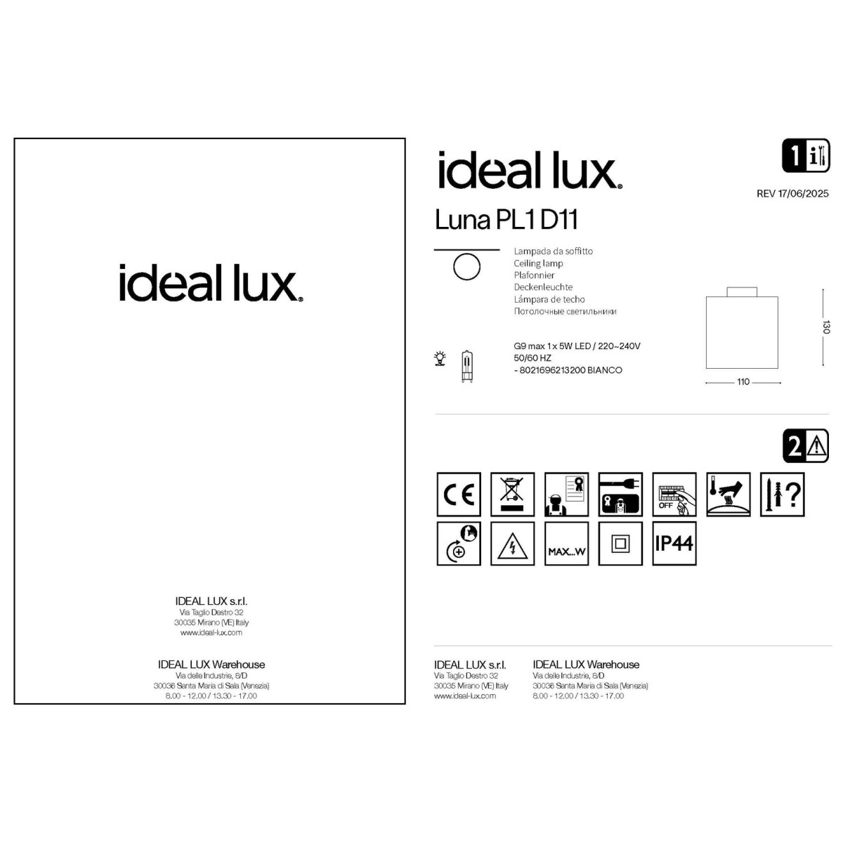 Светильник уличный Ideal Lux Luna PL1 D11 Опал G9 213200