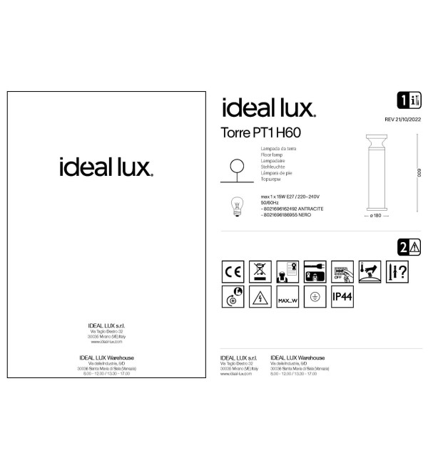 Светильник садово-парковый Ideal Lux Torre PT1 H22 Антрацит E27 158891
