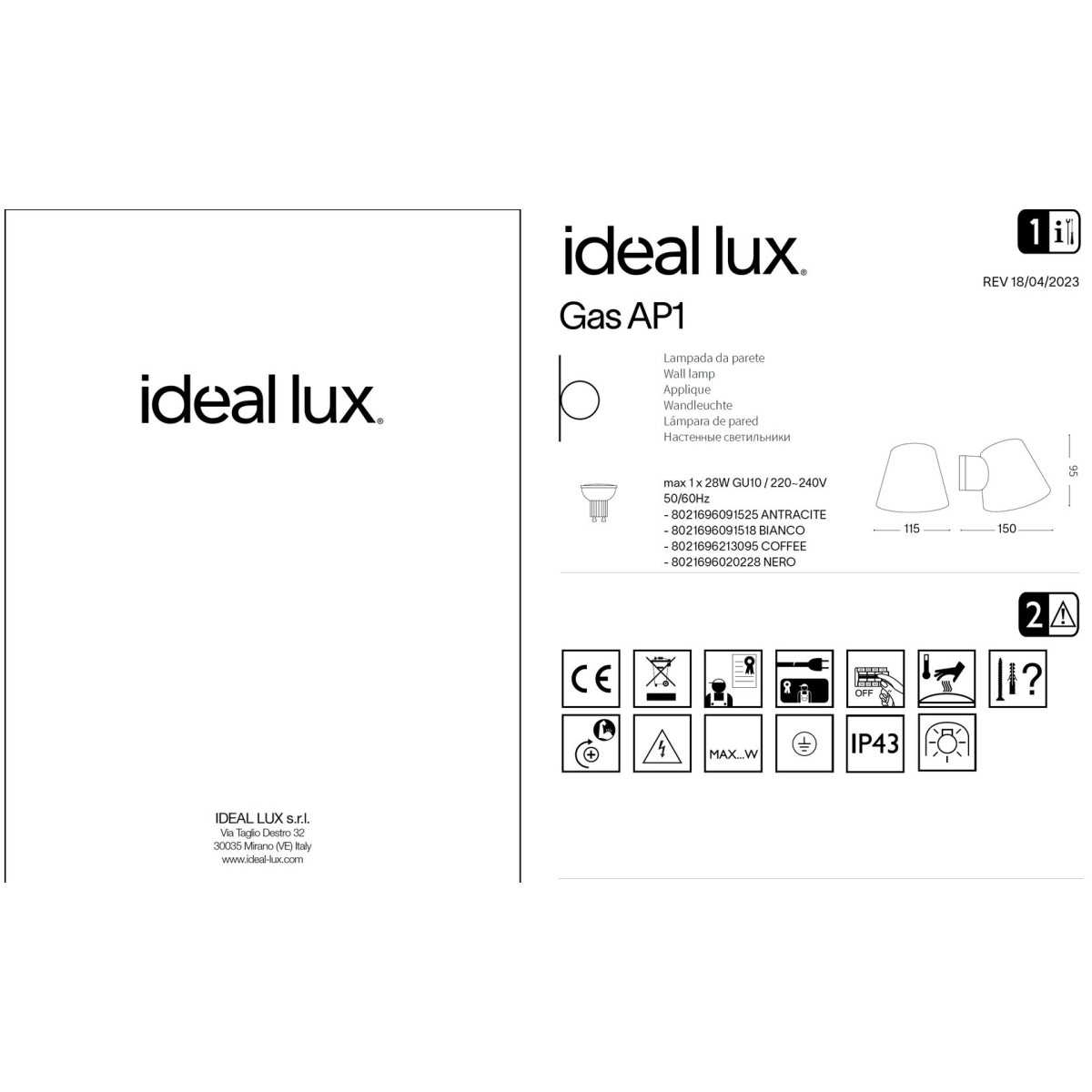 Светильник уличный Ideal Lux Gas AP1 Черный GU10 020228