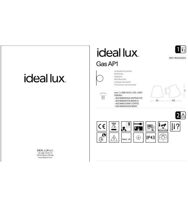 Светильник уличный Ideal Lux Gas AP1 Черный GU10 020228