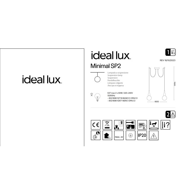 Светильник подвесной Ideal Lux Minimal SP2 Белый E27 112718