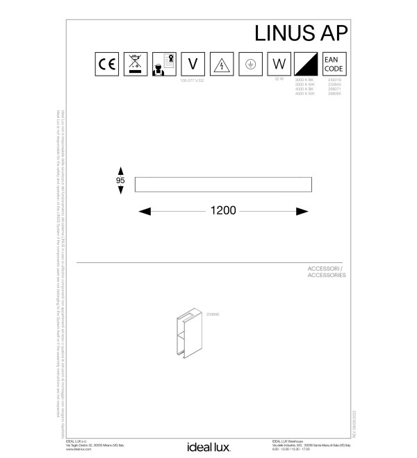 Светильник настенный Ideal Lux Steel AP2 D20 Bi-Emission Wide 3000K LED Черный Димм 242019