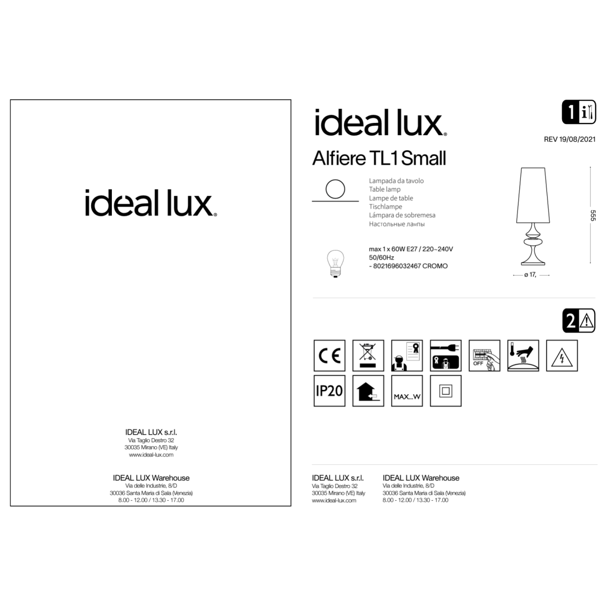 Лампа настольная Ideal Lux Alfiere TL1 Small Хром E27 032467