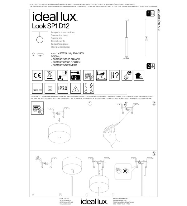 Светильник подвесной Ideal Lux Look SP1 D12 Белый GU10 158655