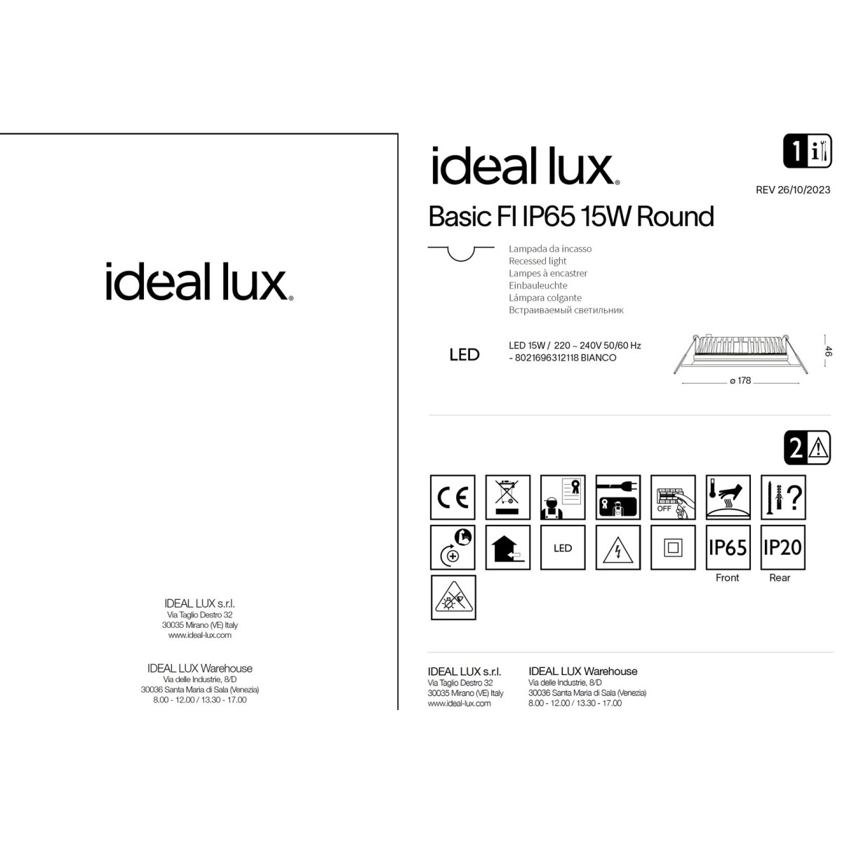 Светильник встраиваемый Ideal Lux Basic FI Round IP65 Белый 3000К LED 312118