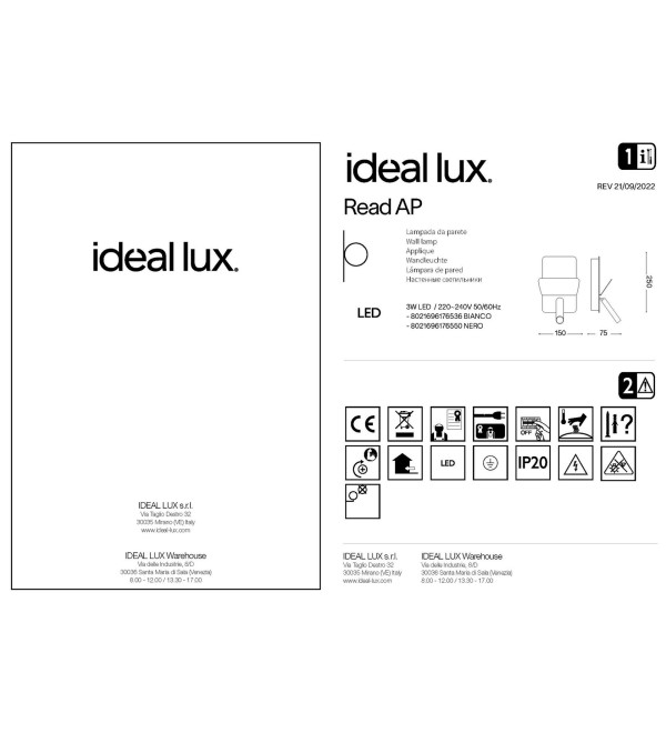 Светильник настенный Ideal Lux Read AP Белый 3000К LED 176536
