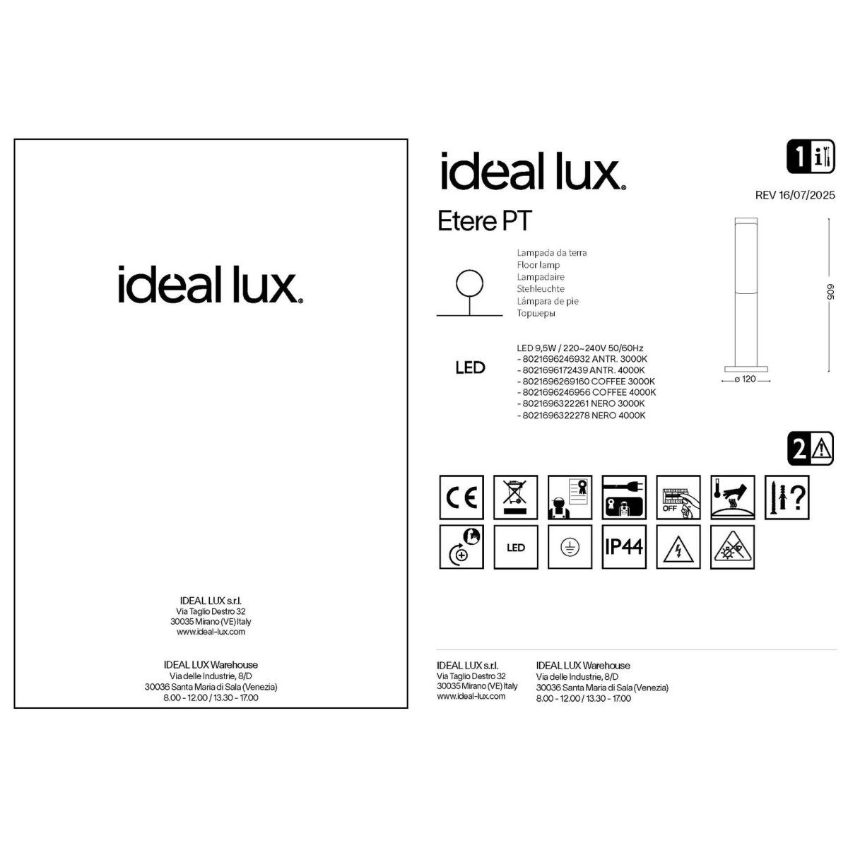 Светильник садово-парковый Ideal Lux Etere PT 4000К Черный LED 322278