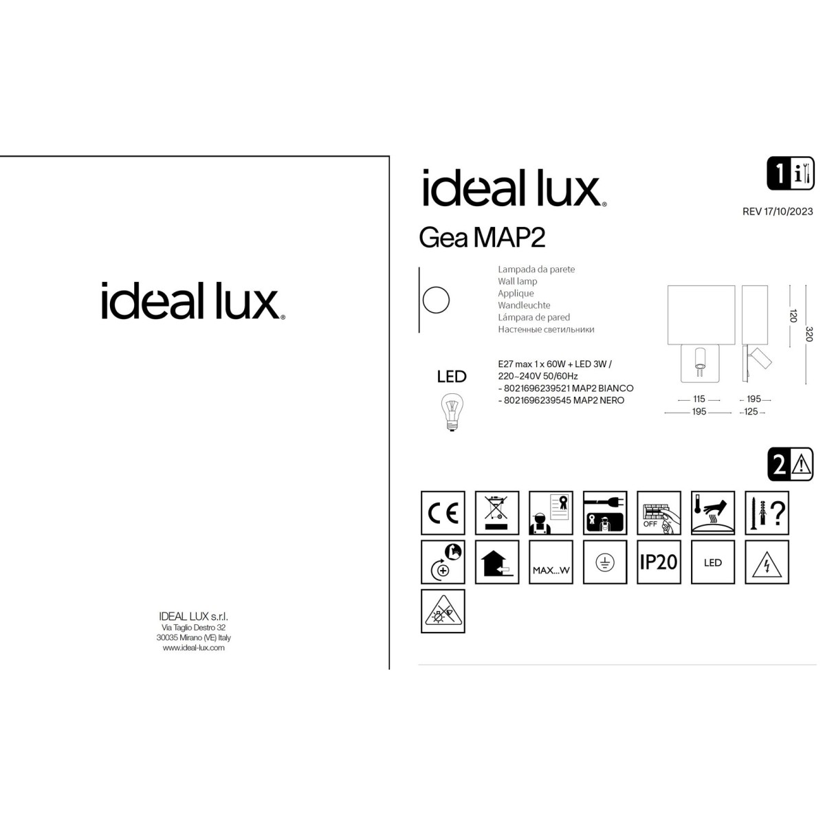 Светильник настенный Ideal Lux Gea MAP2 Черный E27/LED 239545