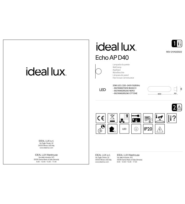 Светильник настенный Ideal Lux Echo AP D40 3000К LED Белый 273914