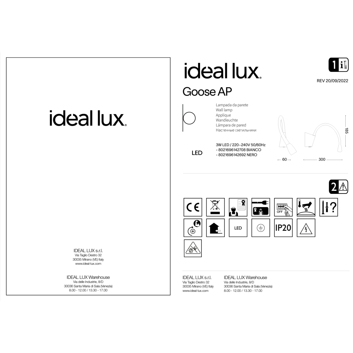 Светильник настенный Ideal Lux Goose AP Черный 3000К LED 142692