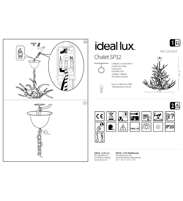 Люстра подвесная Ideal Lux Chalet SP12 Бежевый E14 113975