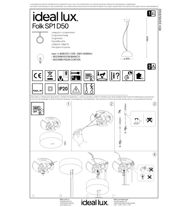 Светильник подвесной Ideal Lux Folk SP1 D50 Кофе E27 174228