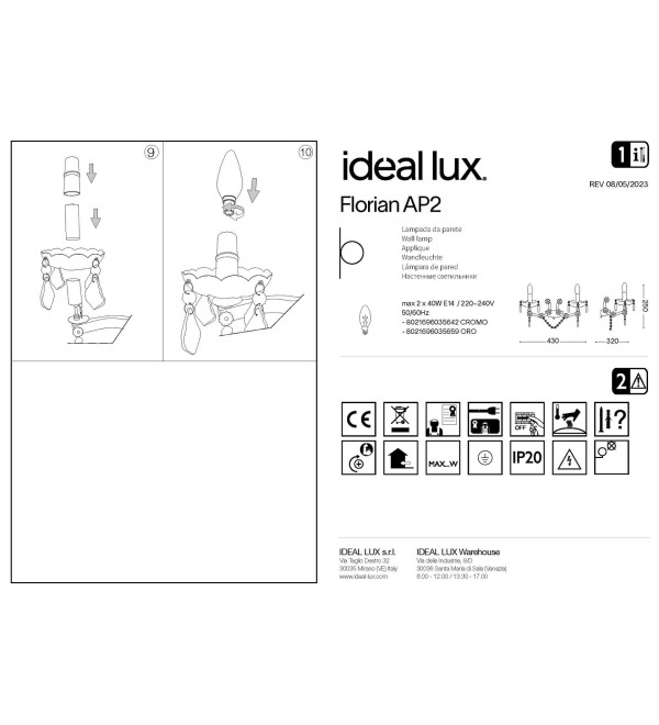 Светильник настенный Ideal Lux Florian AP2 Хром E14 035642