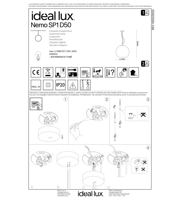 Светильник подвесной Ideal Lux Nemo SP1 D50 Серый E27 094137