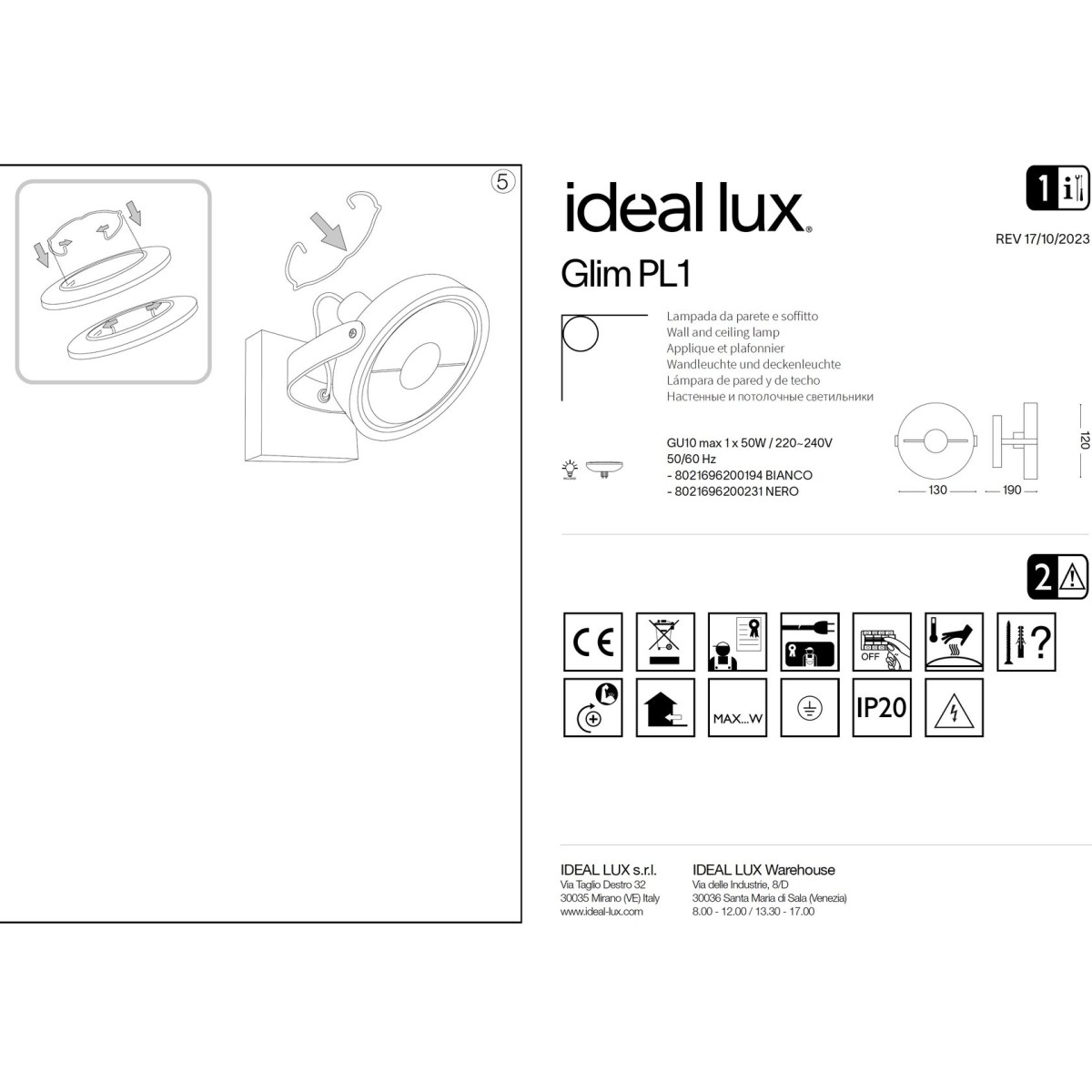 Светильник потолочный Ideal Lux Glim PL1 Белый GU10 200194