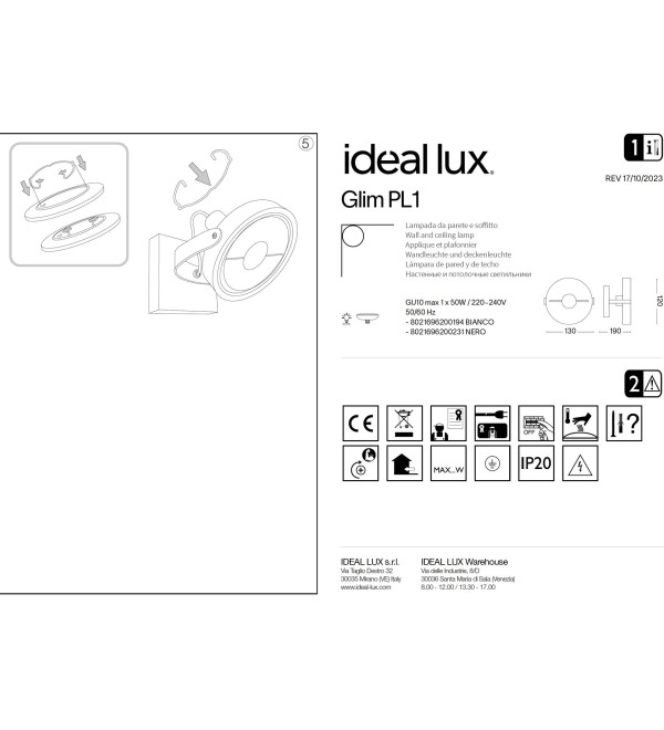 Светильник потолочный Ideal Lux Glim PL1 Белый GU10 200194