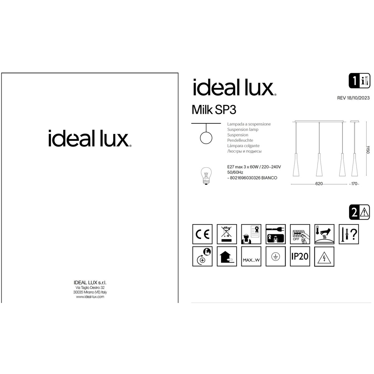 Светильник подвесной Ideal Lux Milk SP3 Белый E27 030326