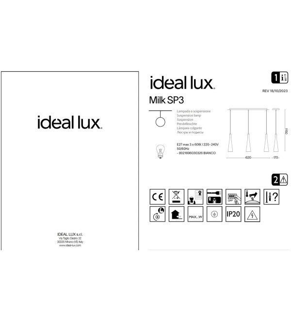 Светильник подвесной Ideal Lux Milk SP3 Белый E27 030326