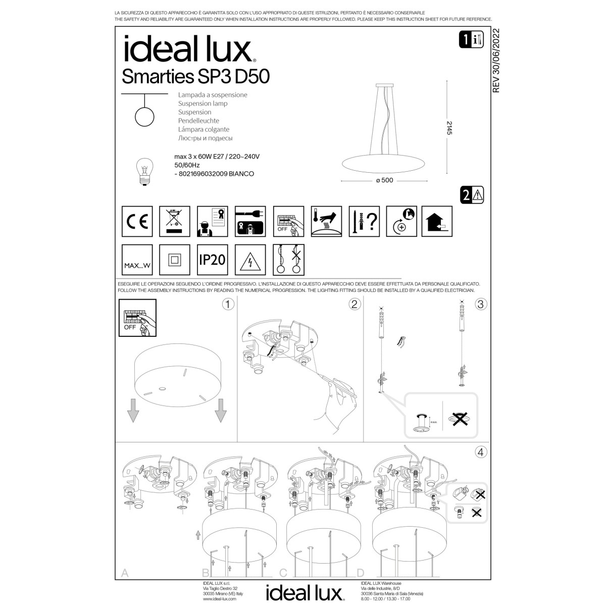 Люстра подвесная Ideal Lux Smarties SP3 D50 Белый E27 032009