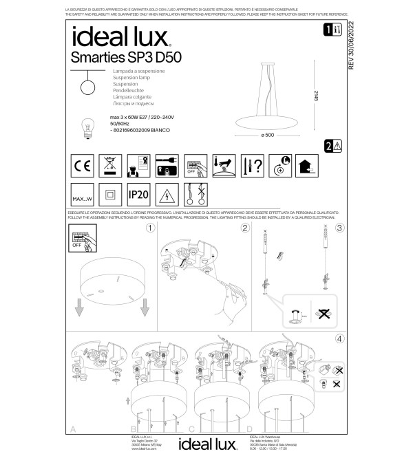 Люстра подвесная Ideal Lux Smarties SP3 D50 Белый E27 032009