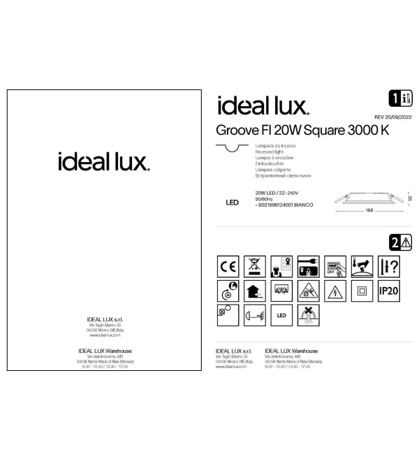 Светильник встраиваемый Ideal Lux Groove FI 20W Square Белый 3000K LED 124001