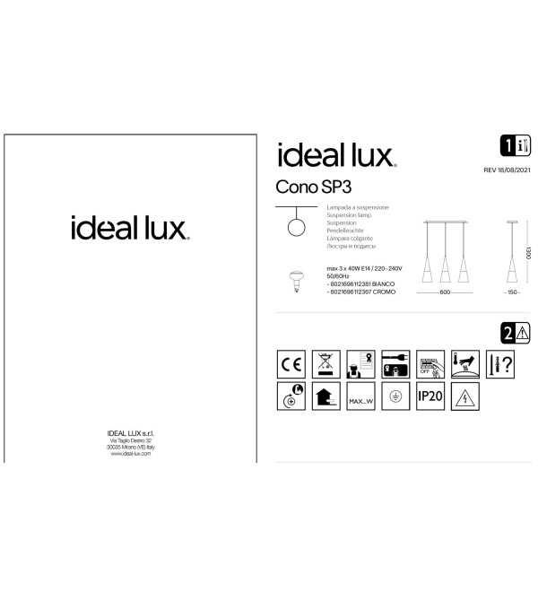 Светильник подвесной Ideal Lux Cono SP3 Хром E14 112367