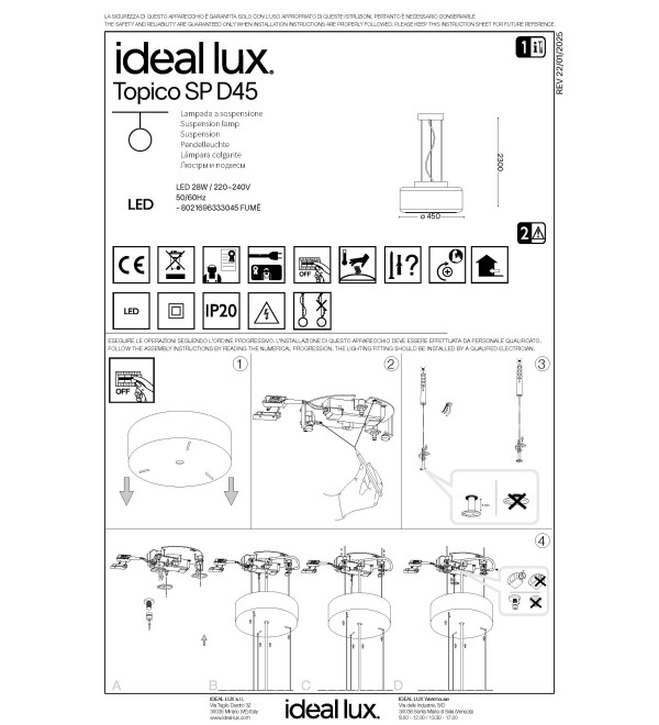 Люстра подвесная Ideal Lux Topico SP D45 Серый 3000К LED 333045