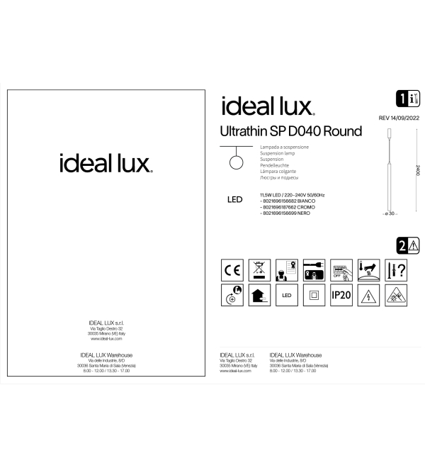 Светильник подвесной Ideal Lux Look LED SP1 Round D30 H400 Черный 156699