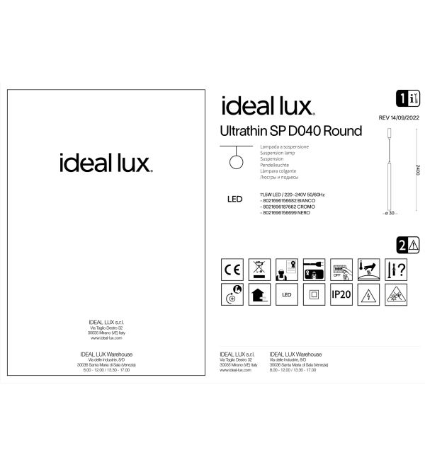 Светильник подвесной Ideal Lux Look LED SP1 Round D30 H400 Черный 156699
