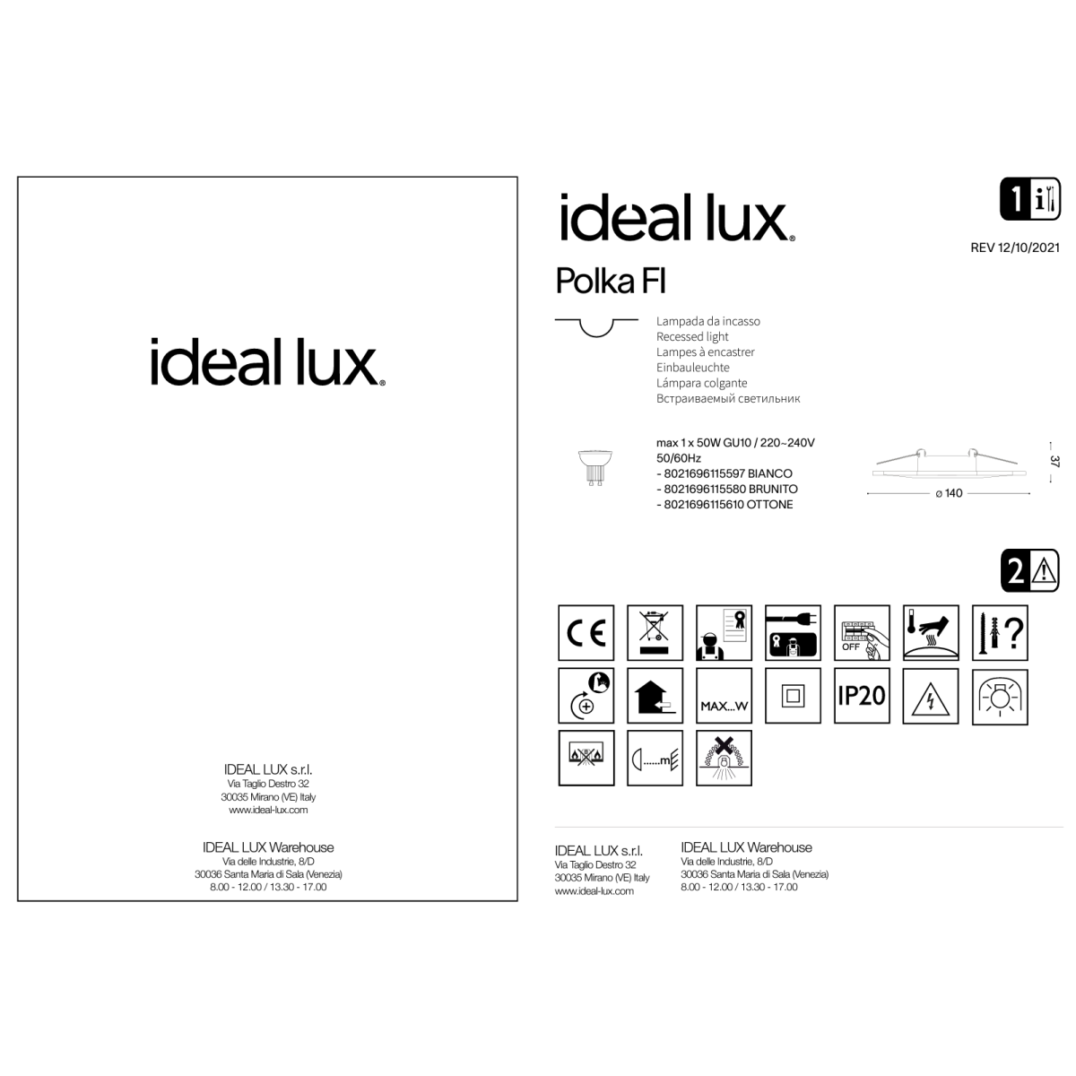 Светильник встраиваемый Ideal Lux Polka FI Античная Латунь GU10 115580