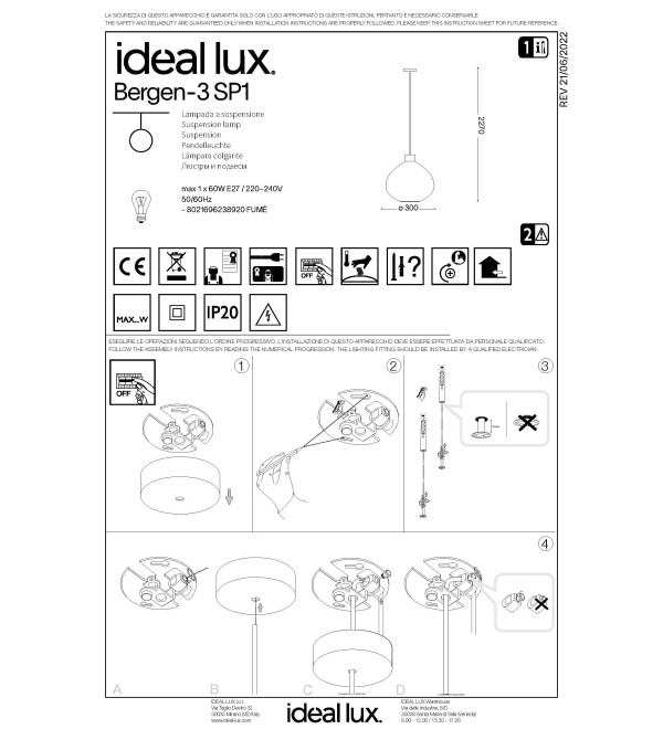 Светильник подвесной Ideal Lux Bergen-3 SP1 Серый E27 238920