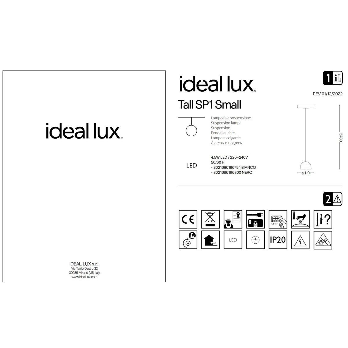 Светильник подвесной Ideal Lux Tall SP1 Small Белый 3000К LED 196794