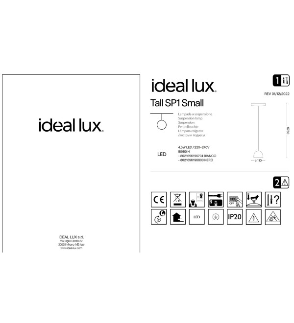 Светильник подвесной Ideal Lux Tall SP1 Small Белый 3000К LED 196794